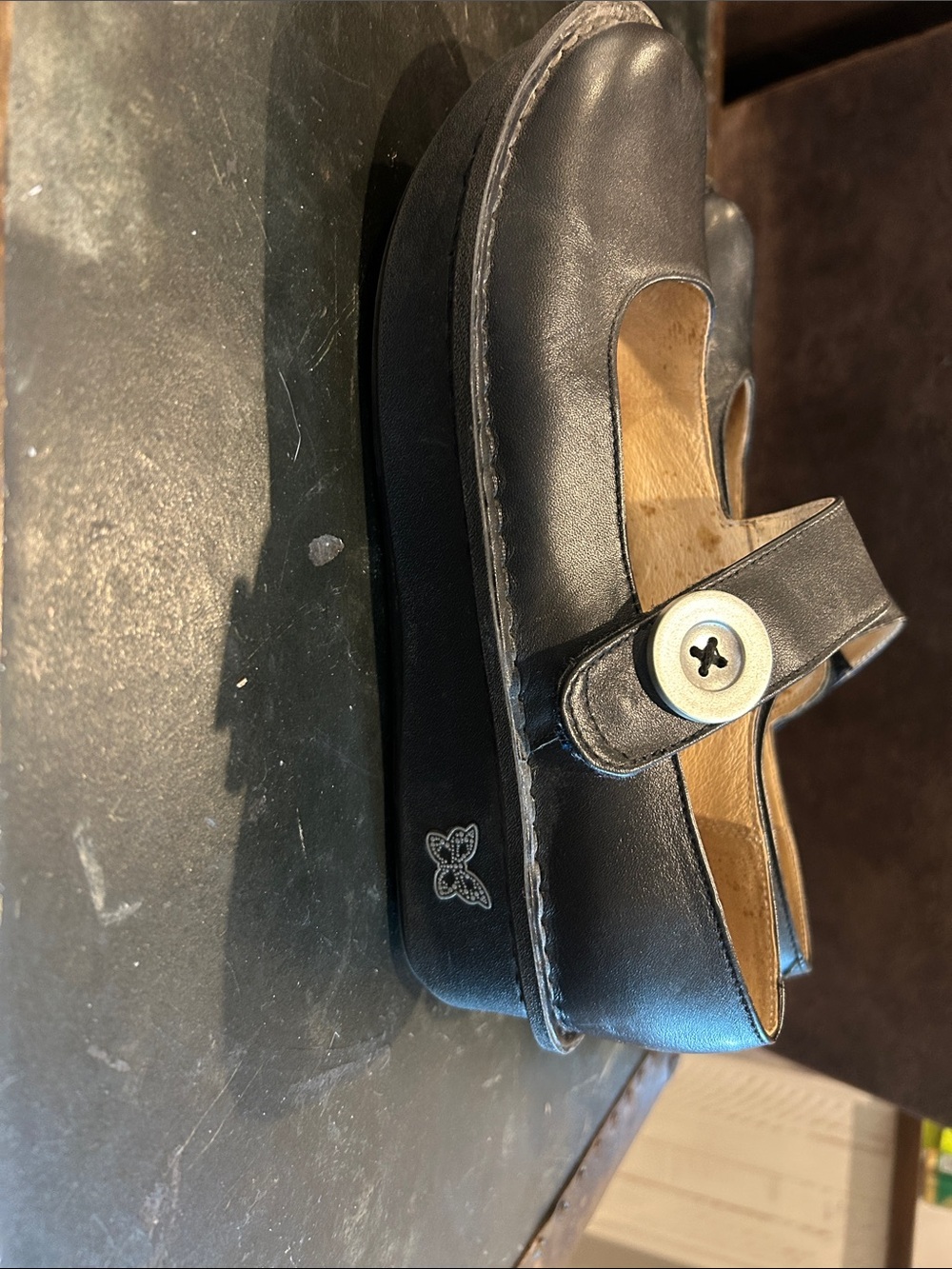 Alegria Black Leather Mary Jane Flats with Button Strap - Picture 3 of 5